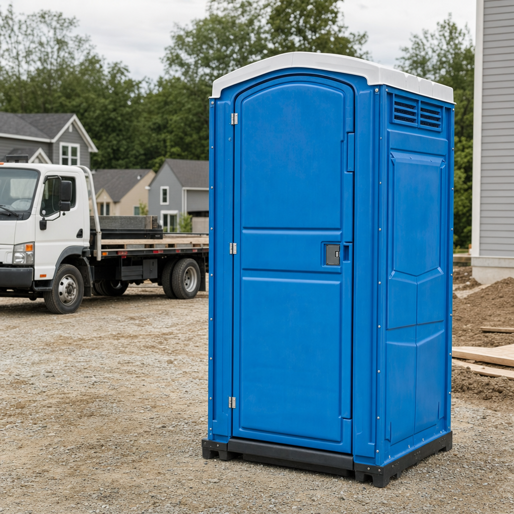 Delivery driver positioning a clean royal-blue portable toilet on level ground at a Lexington worksite