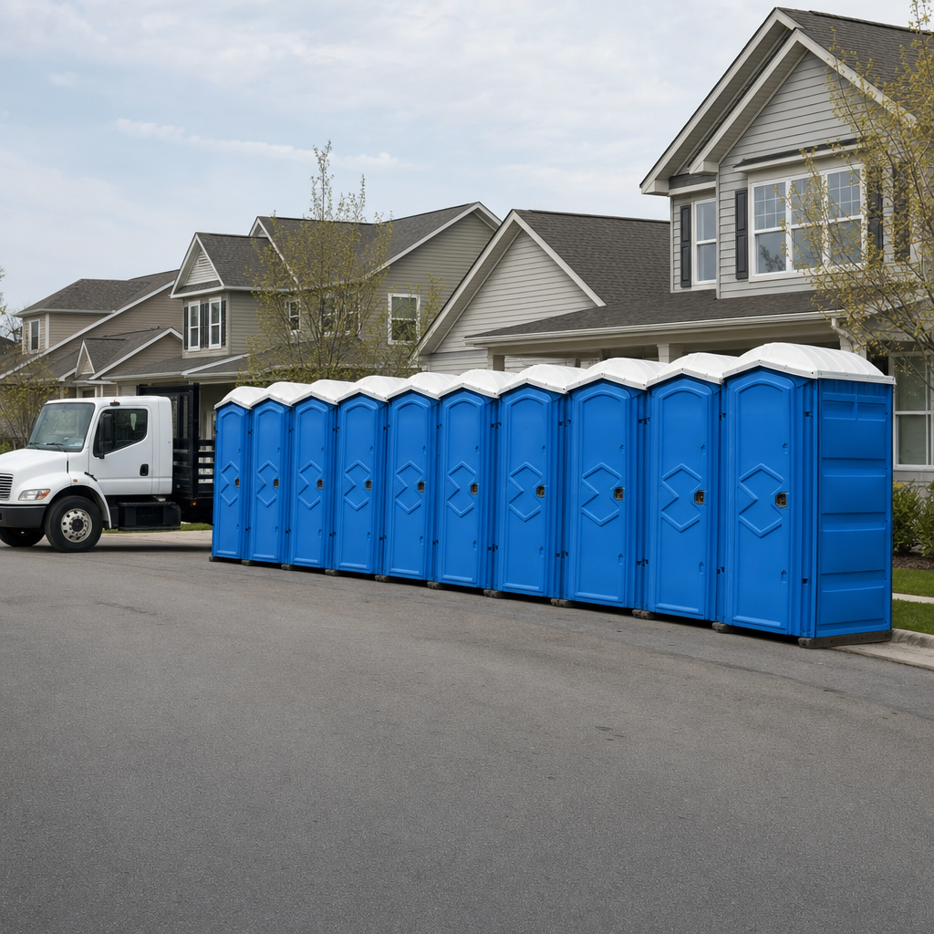 Royal blue portable toilets staged in a tidy row at a Lexington jobsite, ready for delivery